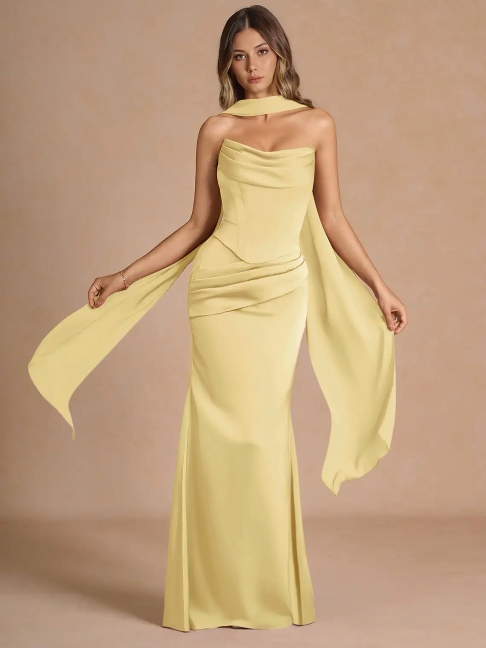 Azazie Lemon Strapless Column Gown with Draped Scarf - Picture 1 of 8
